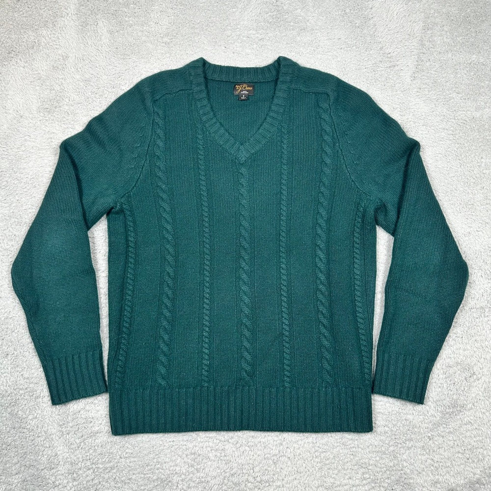 J.Crew Mens 100% Cashmere V-Neck‎ Cable Knit Sweater Long Sleeve Forest Green S